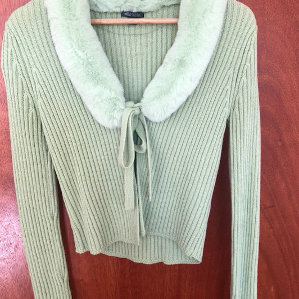 SOLD wild fable Faux-Fur Tie-Front Sweater / Medium / Green - Picture 3 of 3